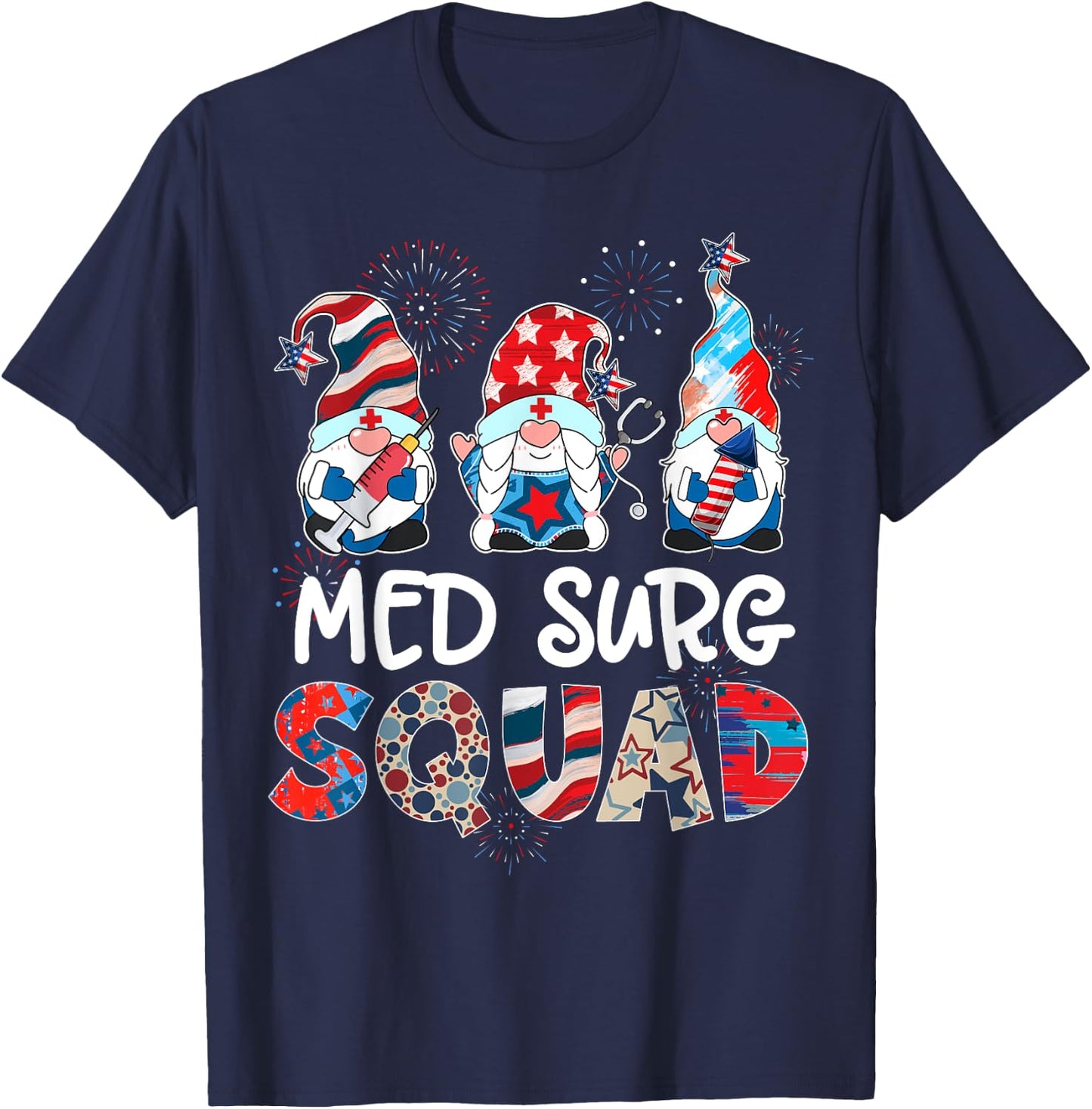 Med Surg Squad Gnomes 4th Of July Pride Nurse Stethoscope T-Shirt - T-Shirt | Navy