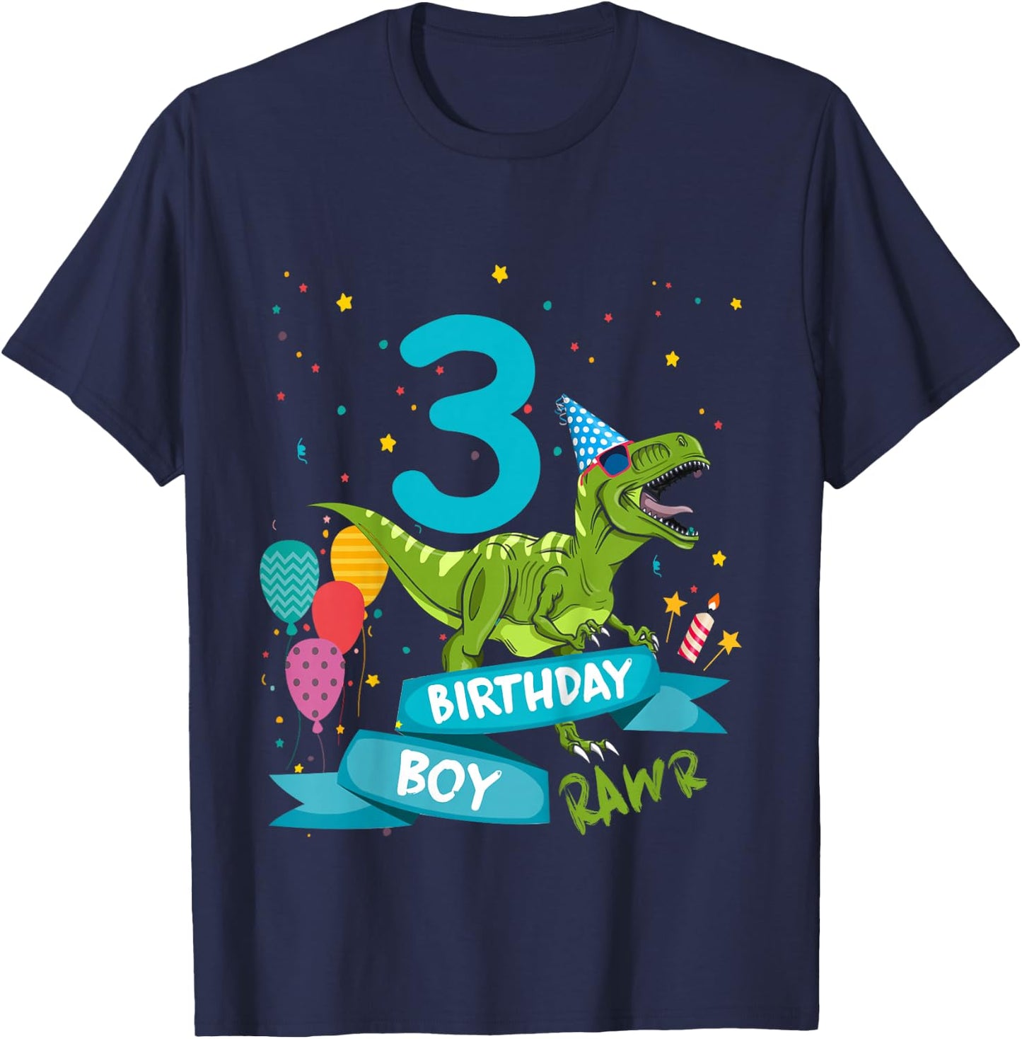 Kids 3rd Birthday Boy Party T-Rex Dinosaur Matching Shirts Rawr 3 T-Shirt - T-Shirt | Navy