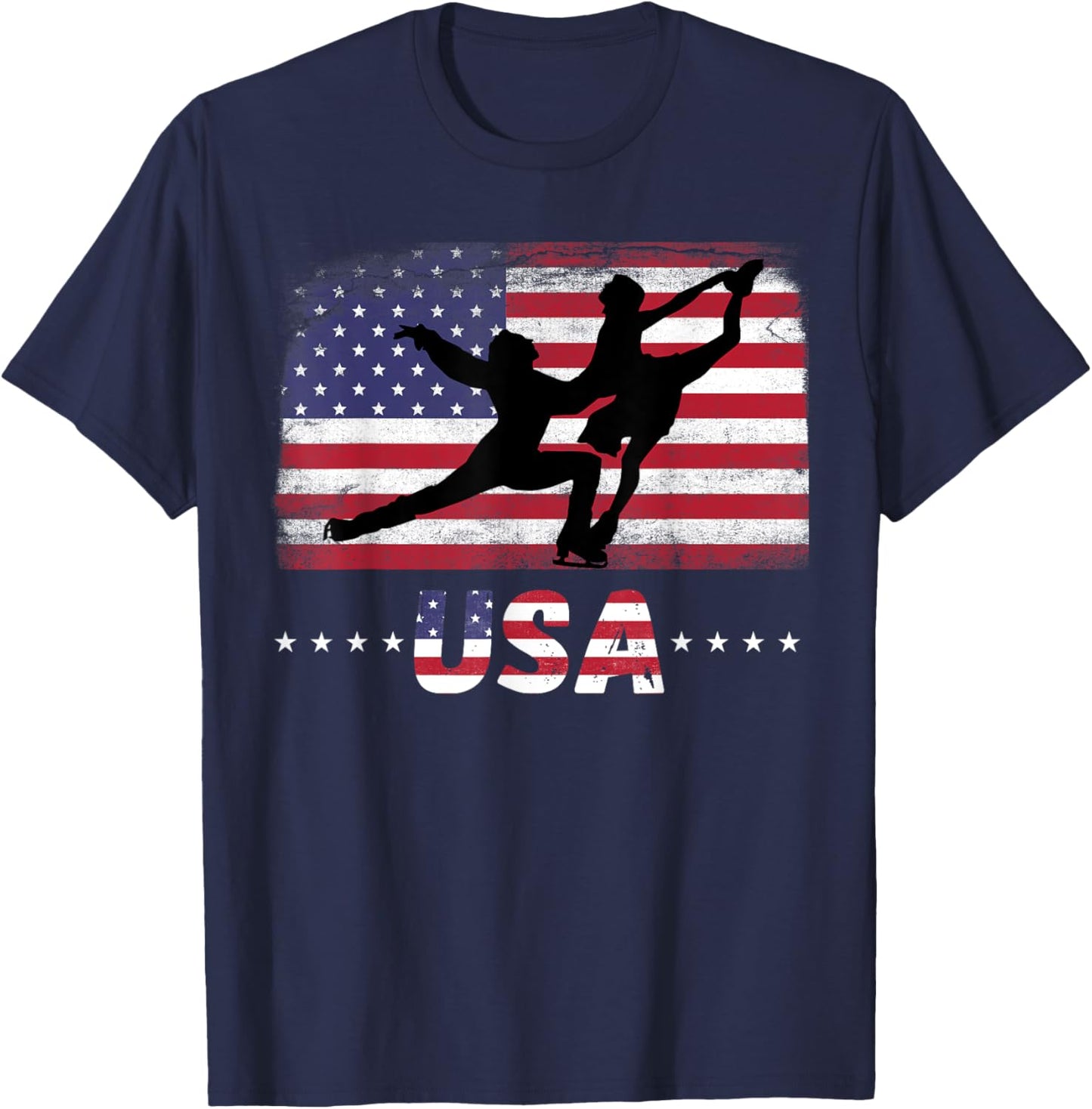 American Flag double ice figure skating USA Patriotic Team Women Men T-Shirt - T-Shirt | Navy