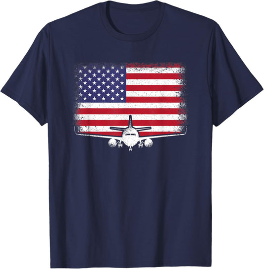 Funny Pilot Clothes Black Airplane American Flag Plane Pilot Flying Aviator Aviation T-Shirt - T-Shirt | Navy