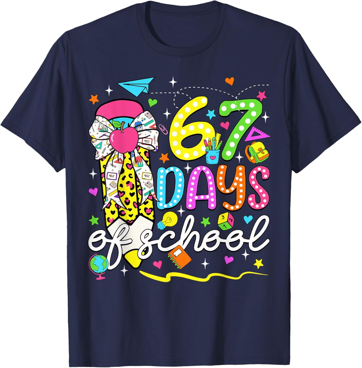 67 Days of School Girls Coquette Bow Pencil 67 Days Smarter T-Shirt - T-Shirt | Navy