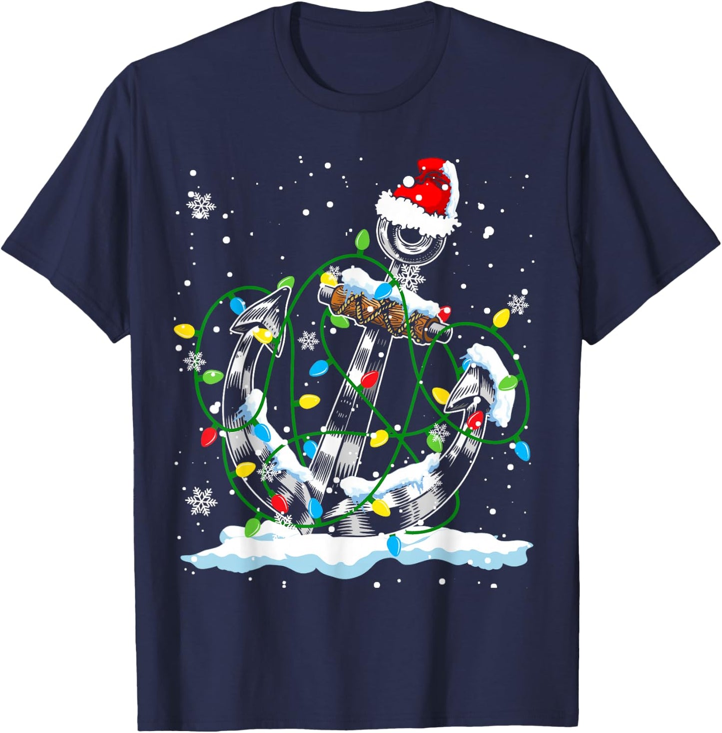 Santa Anchor Cool Christmas Lights Boating Sailing Boat Ship T-Shirt - T-Shirt | Navy
