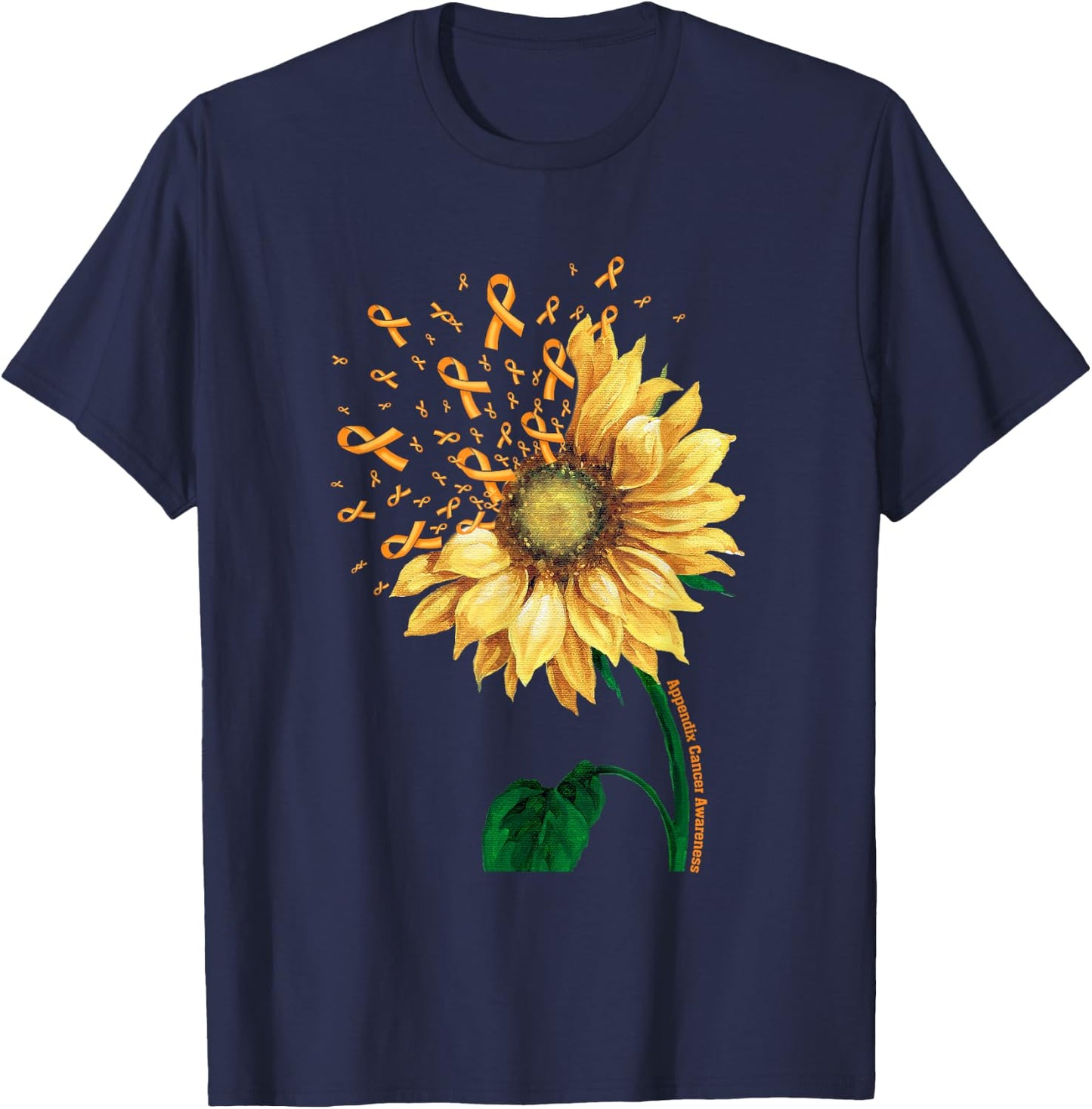 APPENDIX CANCER AWARENESS Sunflower Orange Ribbon Fighter T-Shirt - T-Shirt | Navy