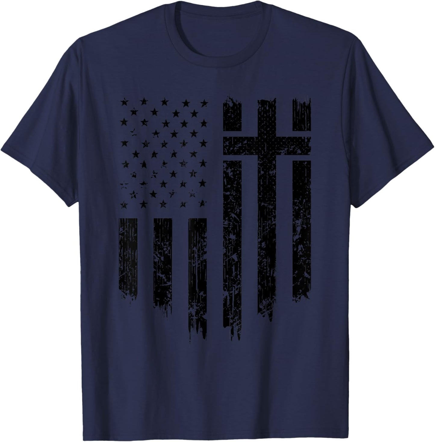 Vintage Distressed USA Flag Cross Christian Faith Gift T-Shirt - T-Shirt | Navy