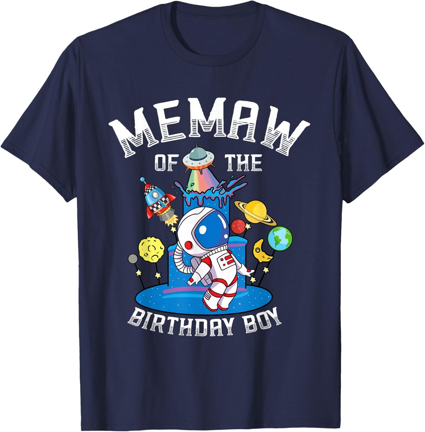 Memaw Of The Birthday Astronaut Boy Space Theme T-Shirt - T-Shirt | Navy