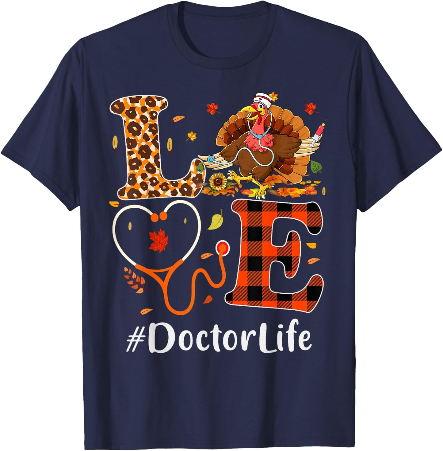 Doctor Love Thanksgiving Leopard Stethoscope Funny Turkey T-Shirt - T-Shirt | Navy