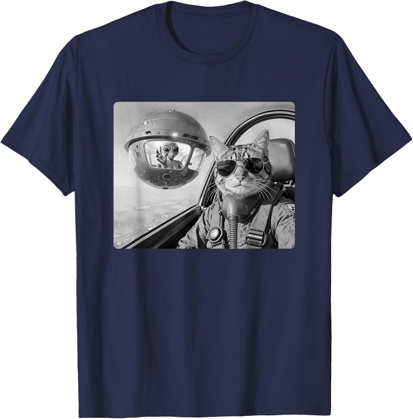 Pilot Cat Selfie with UFO and Alien Fighter Jet Cat Lovers T-Shirt - T-Shirt | Navy