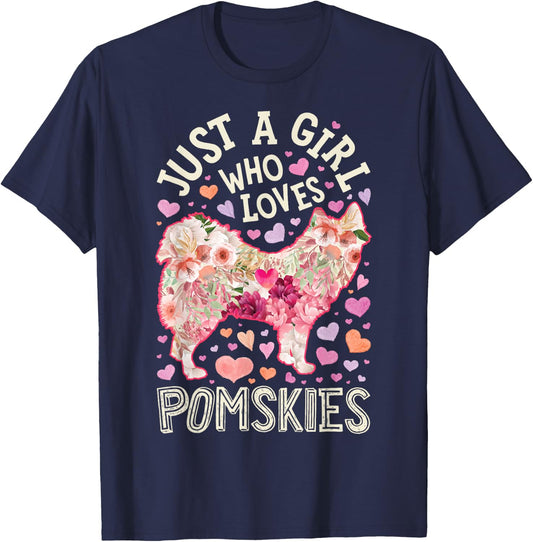 Pomsky Just A Girl Who Loves Pomskies Dog Flower Cute Floral T-Shirt - T-Shirt | Navy