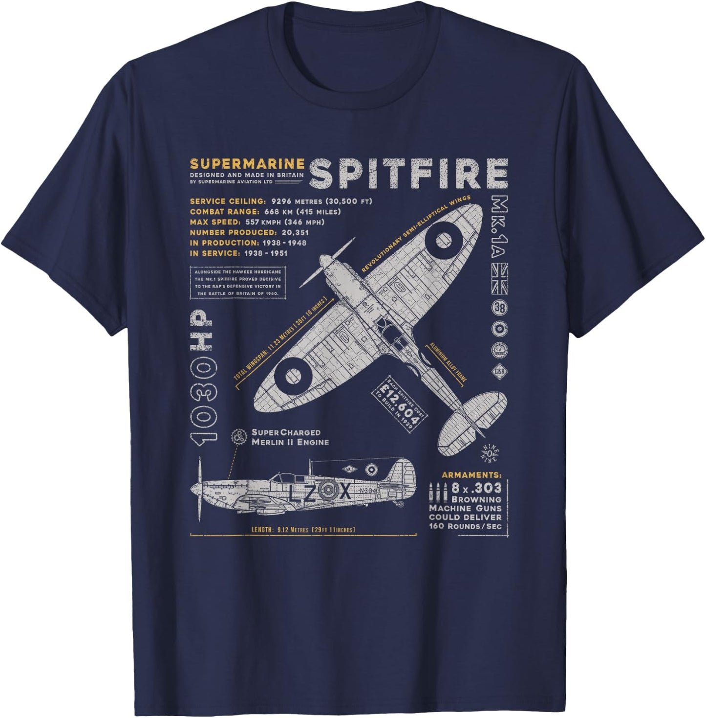Spitfire Mk.1 | RAF British WWII Supermarine Fighter Plane Small T-Shirt - T-Shirt | Navy