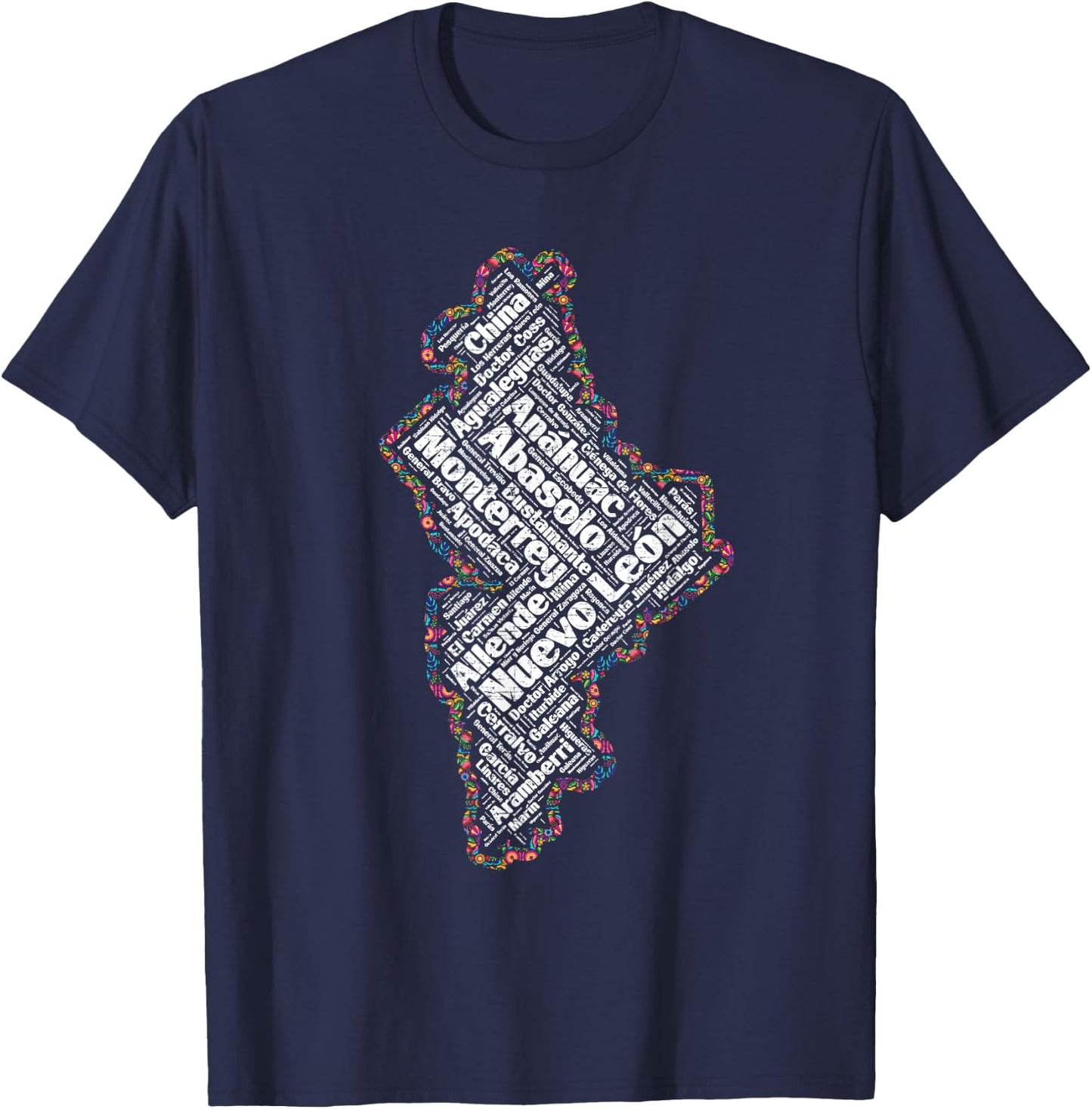 Mapa de Nuevo Leon Mexico y municipios flores mexicanas T-Shirt - T-Shirt | Navy