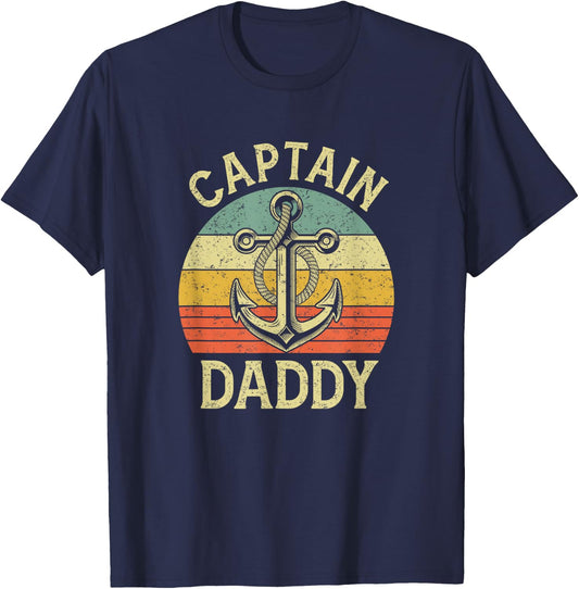 Vintage Captain Daddy Boat Pontoon Dad Fishing Sailor Anchor T-Shirt - T-Shirt | Navy