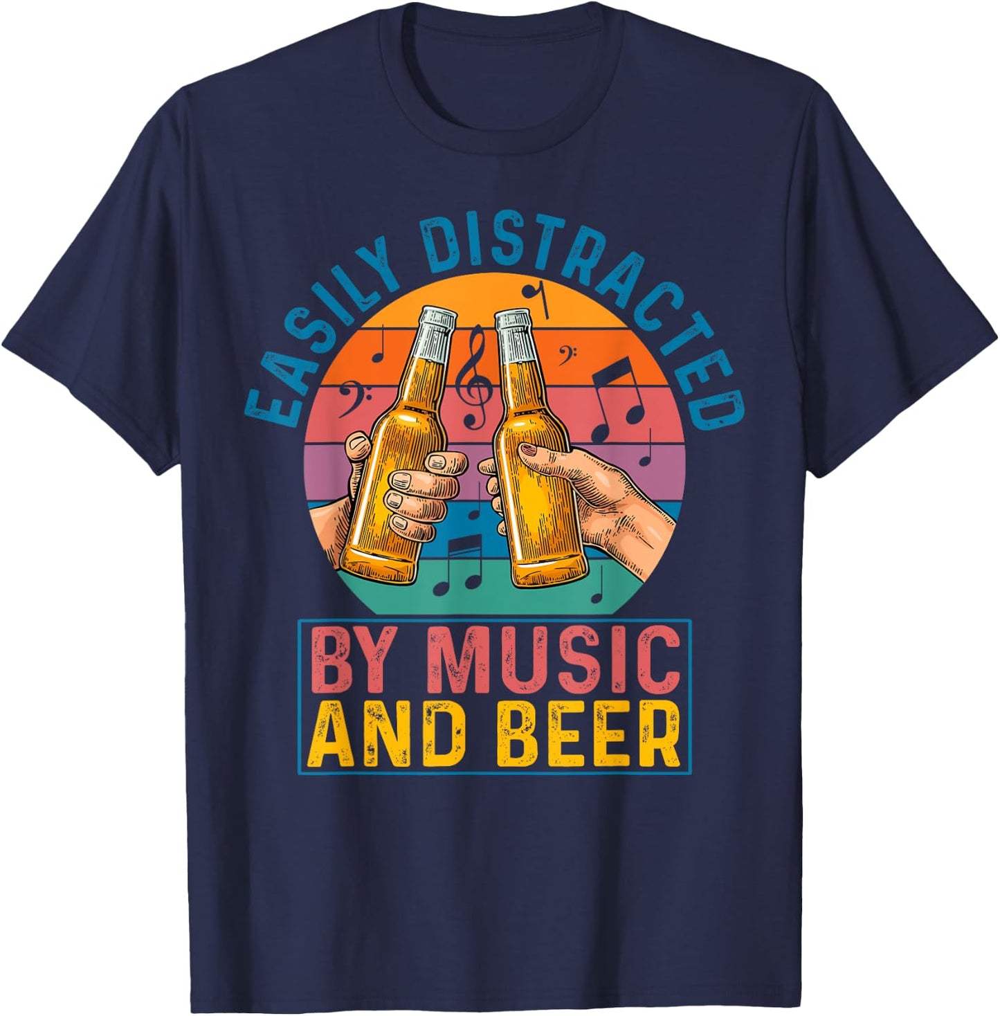 Easily Distracted By Music & Beer Retro Vintage Lover Gift T-Shirt - T-Shirt | Navy