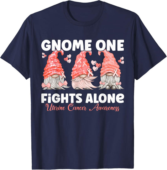 Gnome One Fights Alone Peach | Uterine Cancer Awareness T-Shirt - T-Shirt | Navy