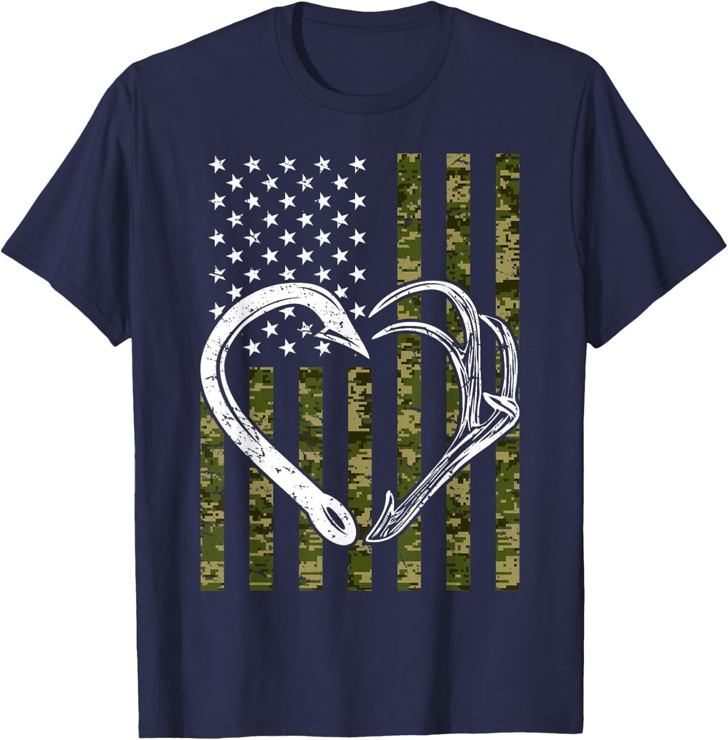 Fishing Hunting Hook Antler American Camoflauge USA Flag T-Shirt - T-Shirt | Navy