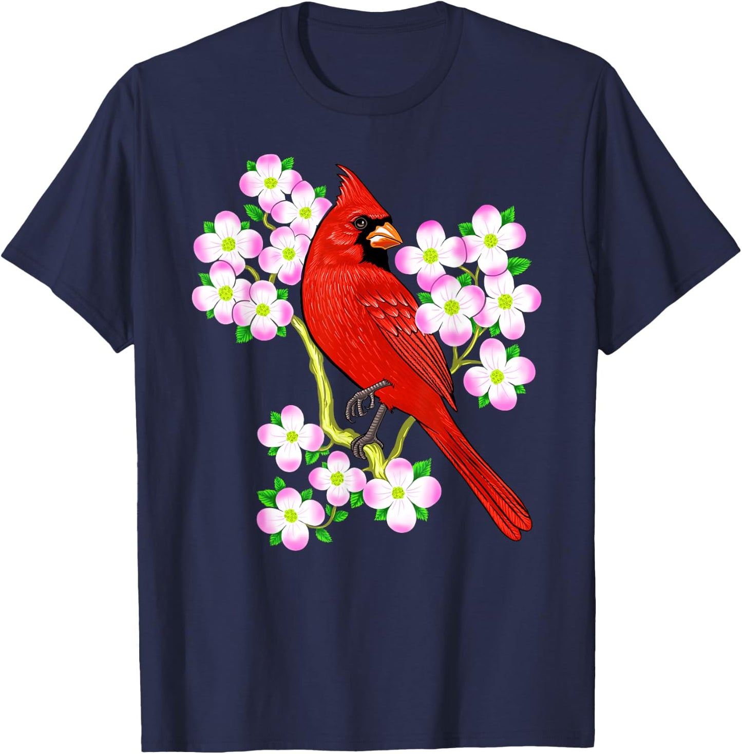 Red Cardinal Bird Dogwood Flower North Carolina Virginia T-Shirt - T-Shirt | Navy