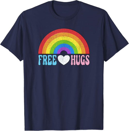 Free Hugs Rainbow LGBTQ Pride Month Parade T-Shirt - T-Shirt | Navy