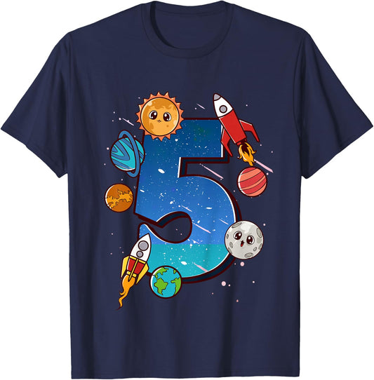 Boys 5th Birthday Party Outfit 5 Years Old Space Planets T-Shirt - T-Shirt | Navy