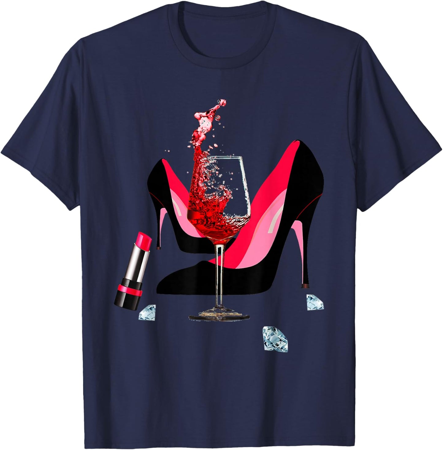 High Heel Shoes, red Lipstick, red Wine Glass and Diamonds T-Shirt - T-Shirt | Navy