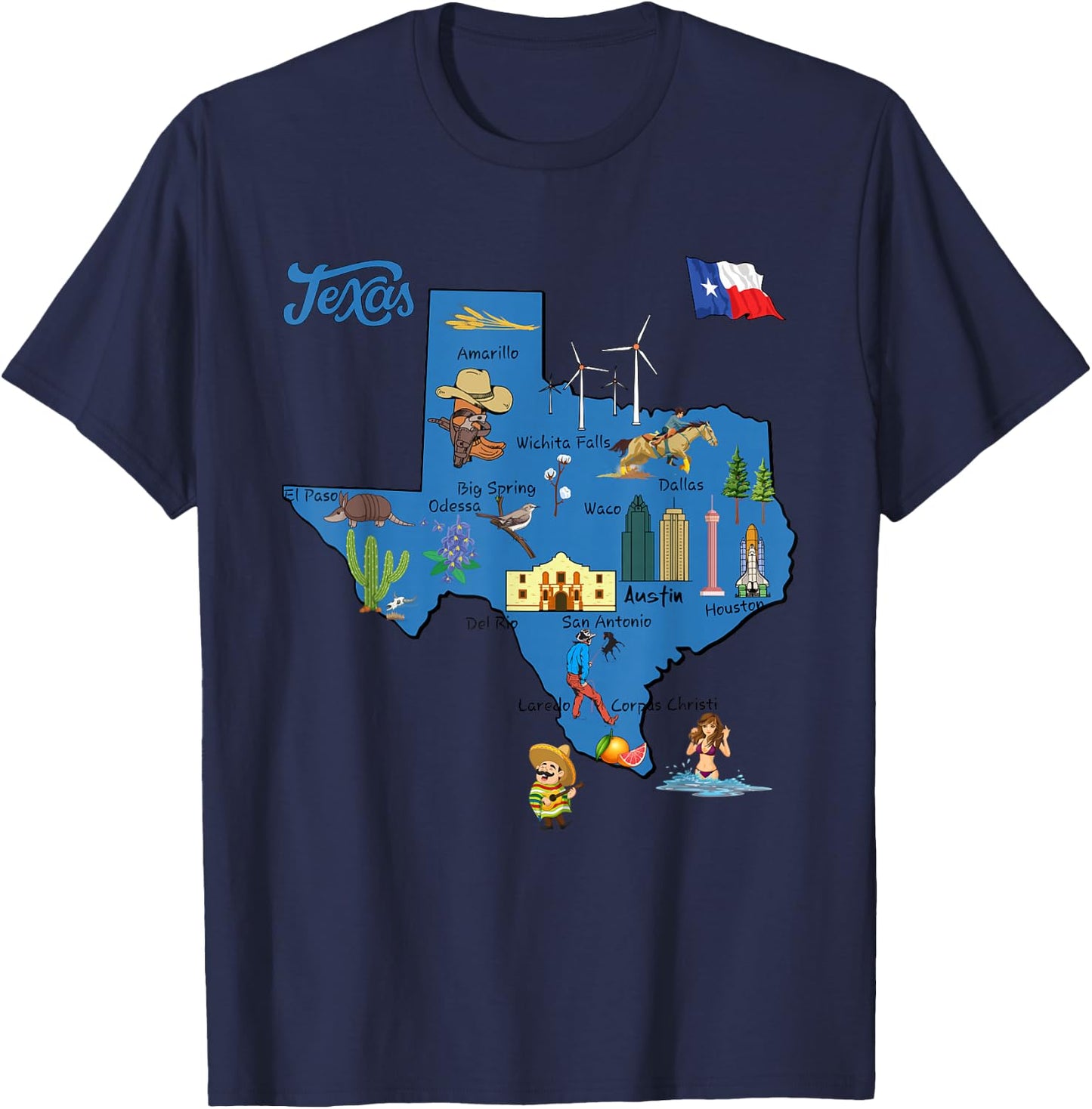 tourism map of Texas state, USA, cities, Landmarks, flag T-Shirt - T-Shirt | Navy