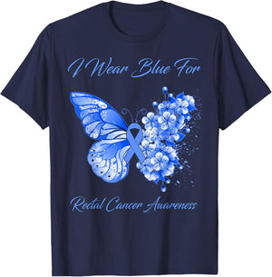 Butterfly I Wear Blue For Rectal Cancer Awareness T-Shirt - T-Shirt | Navy