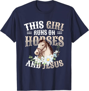 This Girl Runs On Horses And Jesus Girls Horse T-Shirt - T-Shirt | Navy