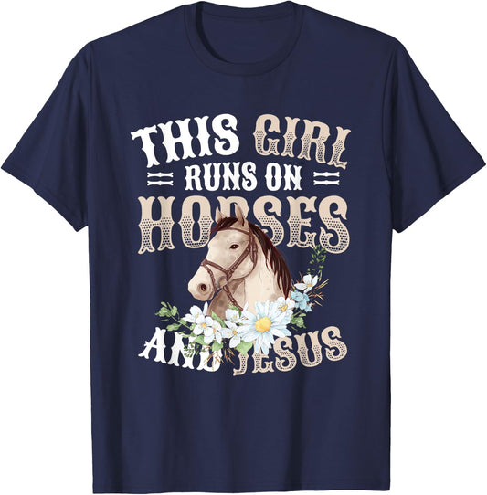 This Girl Runs On Horses And Jesus Girls Horse T-Shirt - T-Shirt | Navy