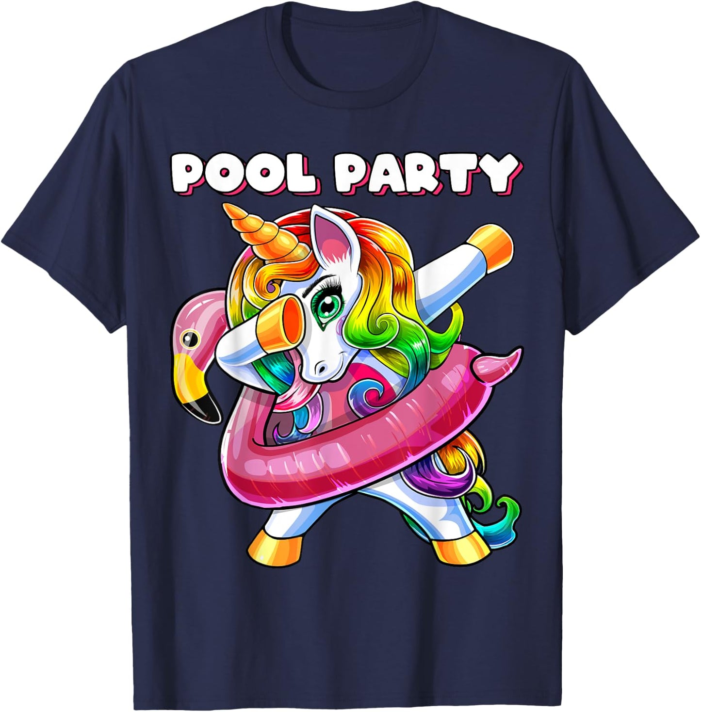 Pool Party Flamingo Float Dabbing Unicorn Girls Women Summer T-Shirt - T-Shirt | Navy