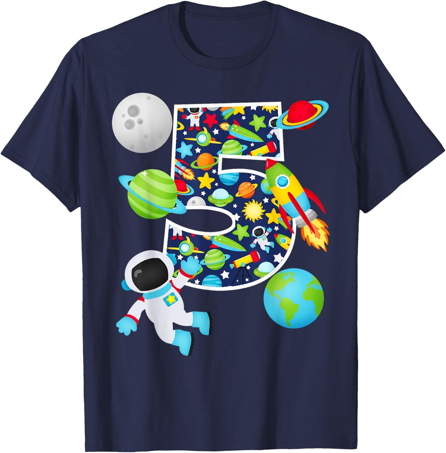 Outer Space 5 Year Old 5th Birthday Party Solar System T-Shirt - T-Shirt | Navy