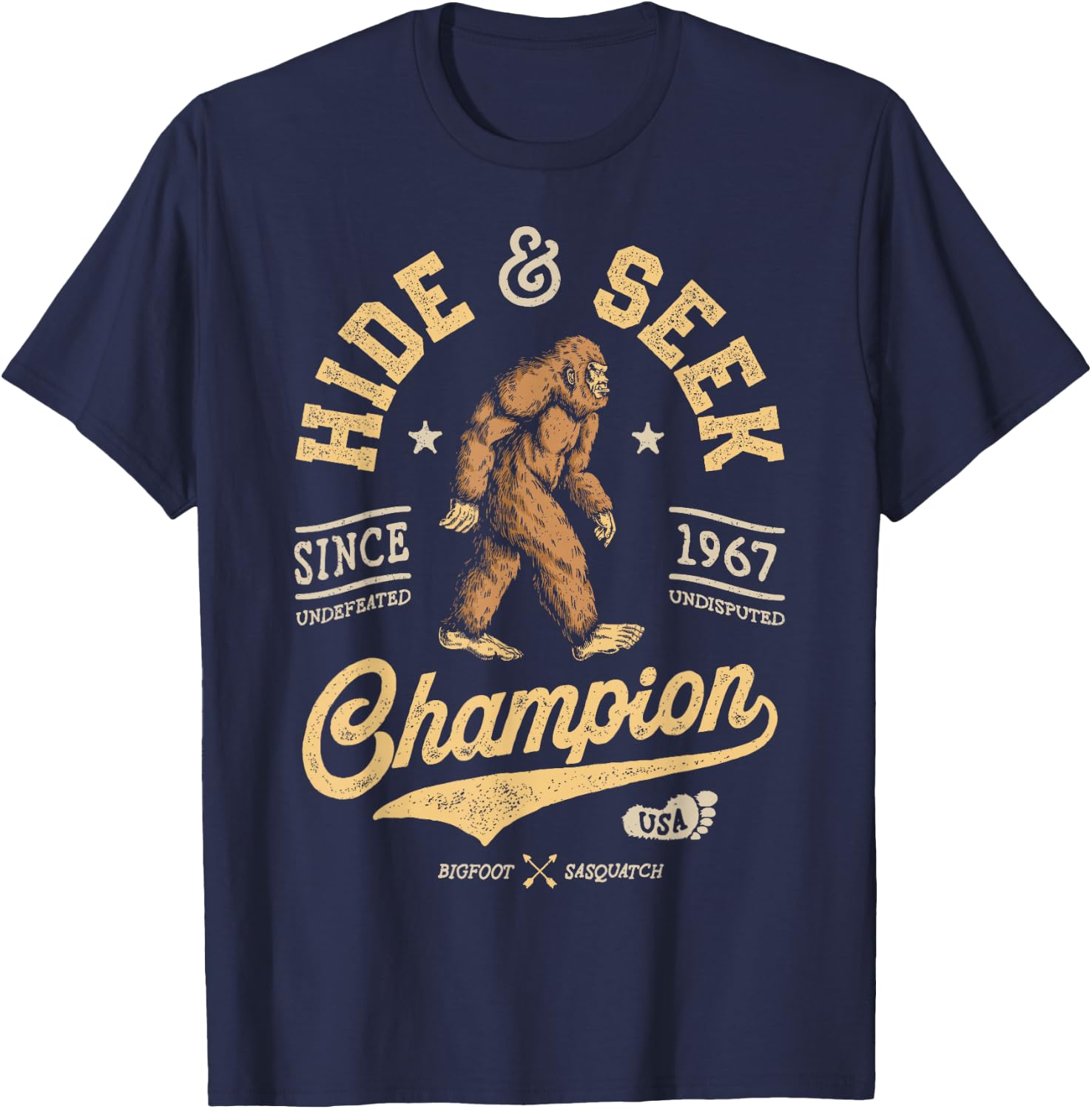 Bigfoot Hide and Seek Champion Funny Sasquatch Retro Vintage Small T-Shirt - T-Shirt | Navy