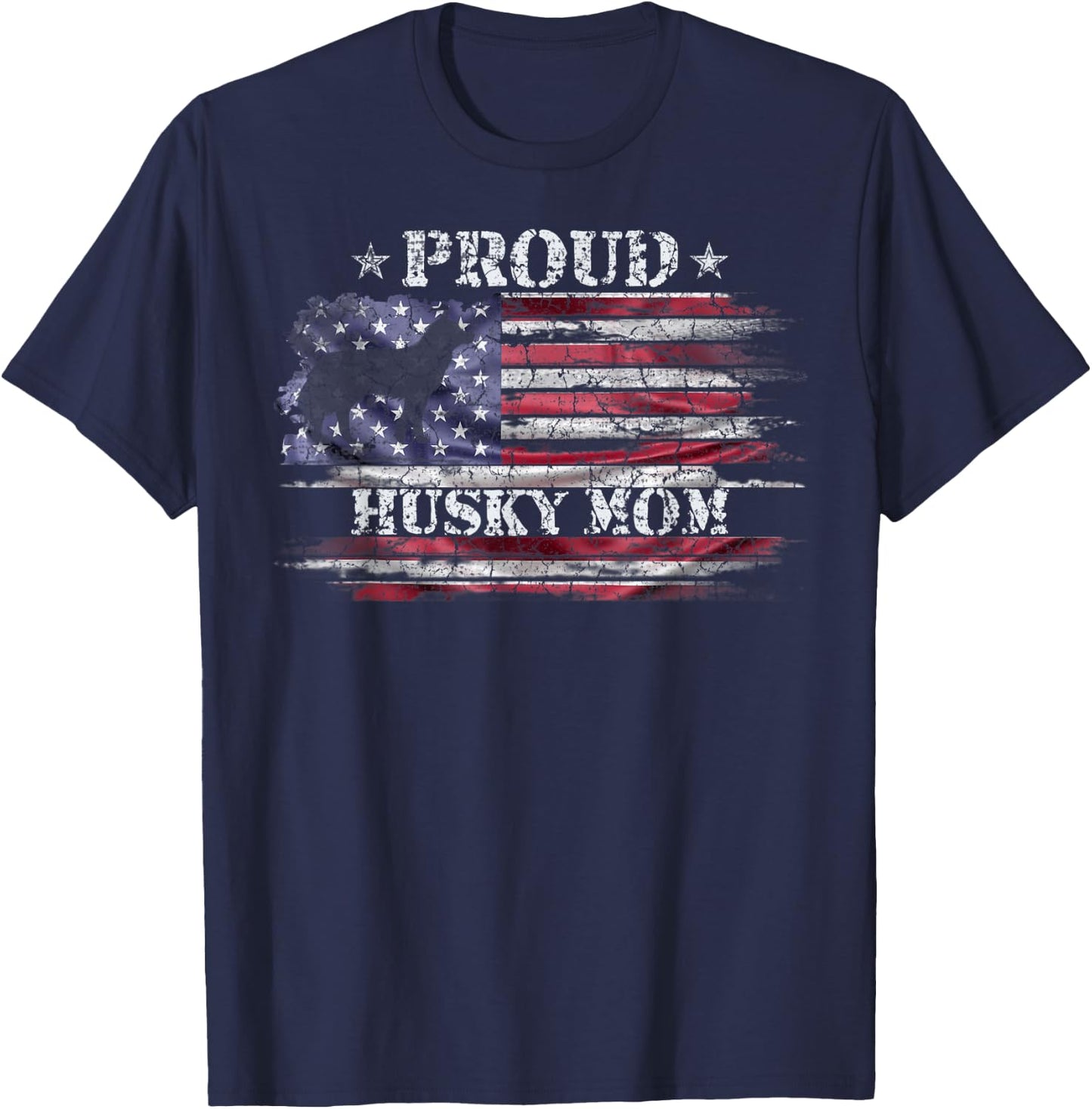 Vintage American Flag Proud Siberian Husky Mom Silhouette Women Kids Men T-Shirt - T-Shirt | Navy