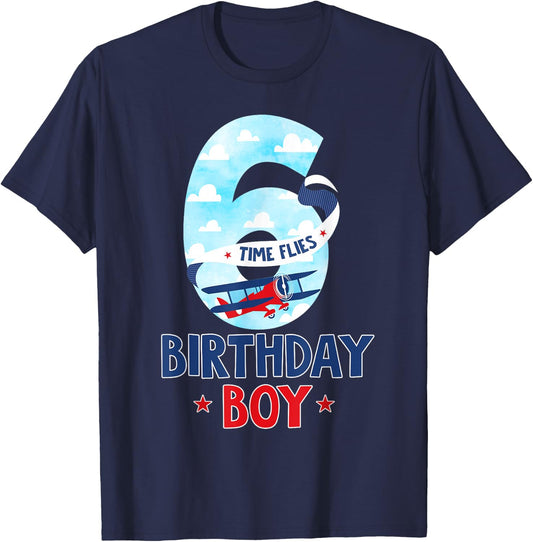 6 Year Old Birthday Outfit Boy Airplane Pilot 6th Bday T-Shirt - T-Shirt | Navy