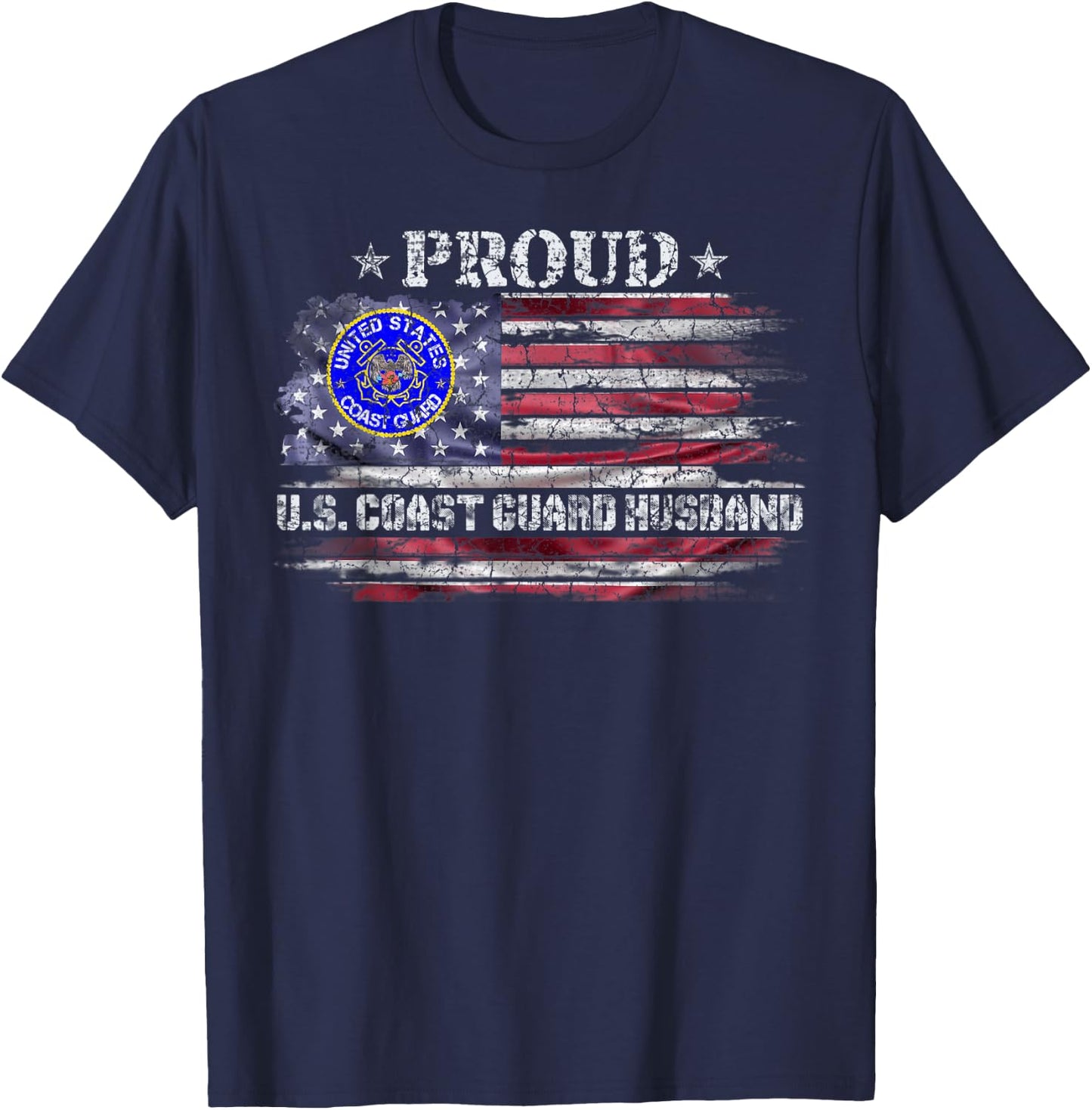 Vintage USA American Flag Proud US Coast Guard Husband Funny Women Men T-Shirt - T-Shirt | Navy