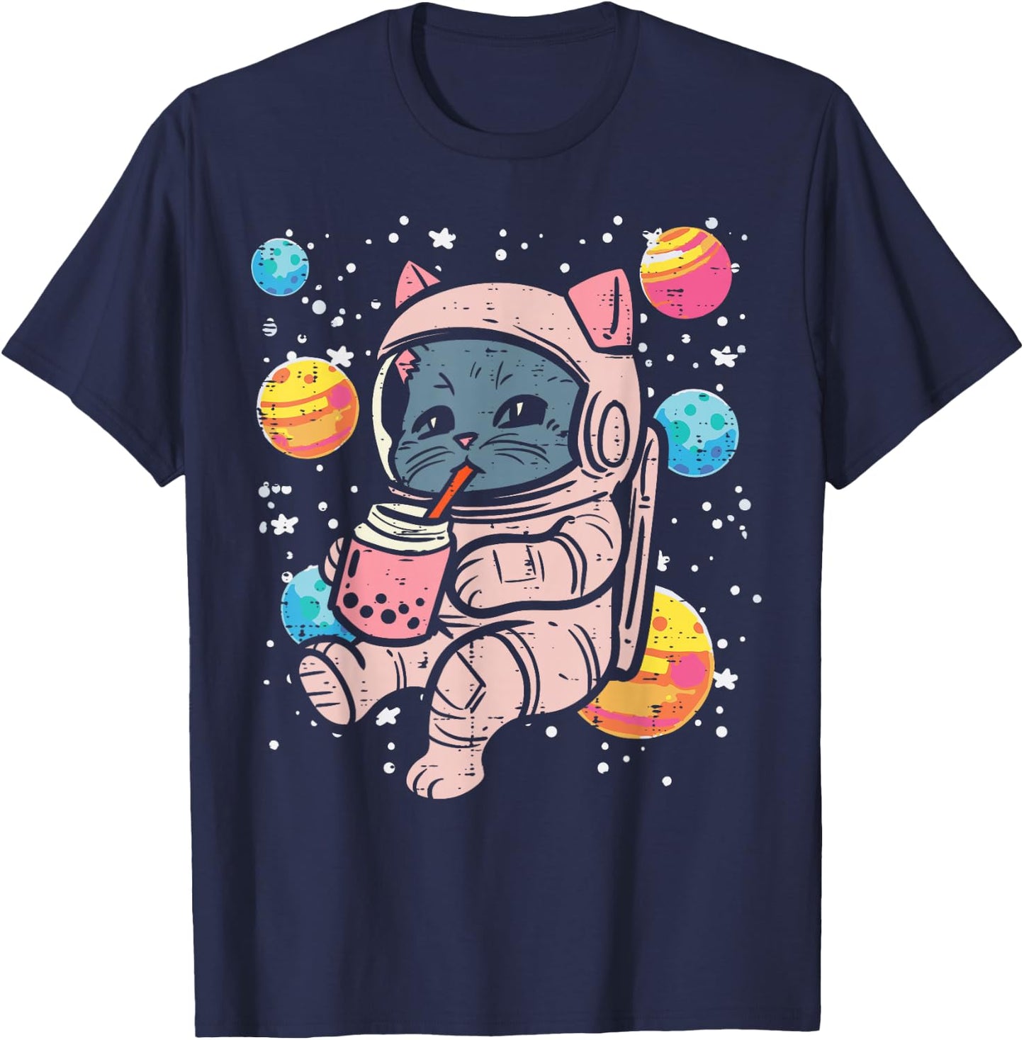 Cat Astronaut Boba Milk Tea Cute Space Women Girls Kids Men T-Shirt - T-Shirt | Navy