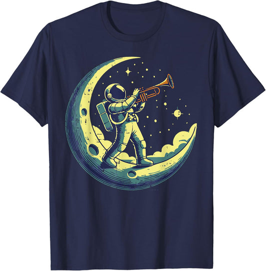Astronaut On Moon Trumpet Funny Space Music Men Boys Kids T-Shirt - T-Shirt | Navy