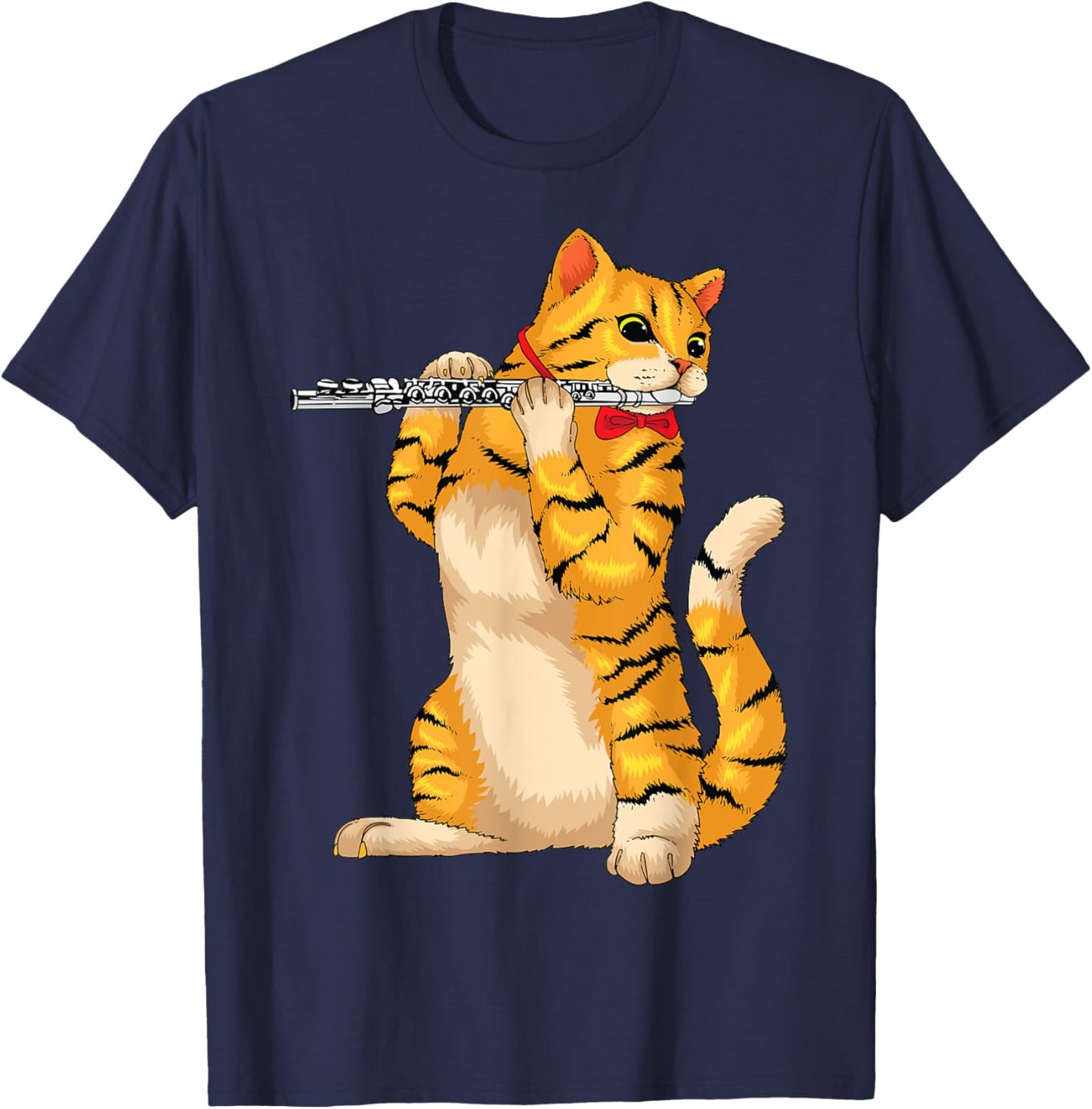 Funny Cat Playing Flute | Cool Animal Musician Fluter Gift Women Girls Kids T-Shirt - T-Shirt | Navy
