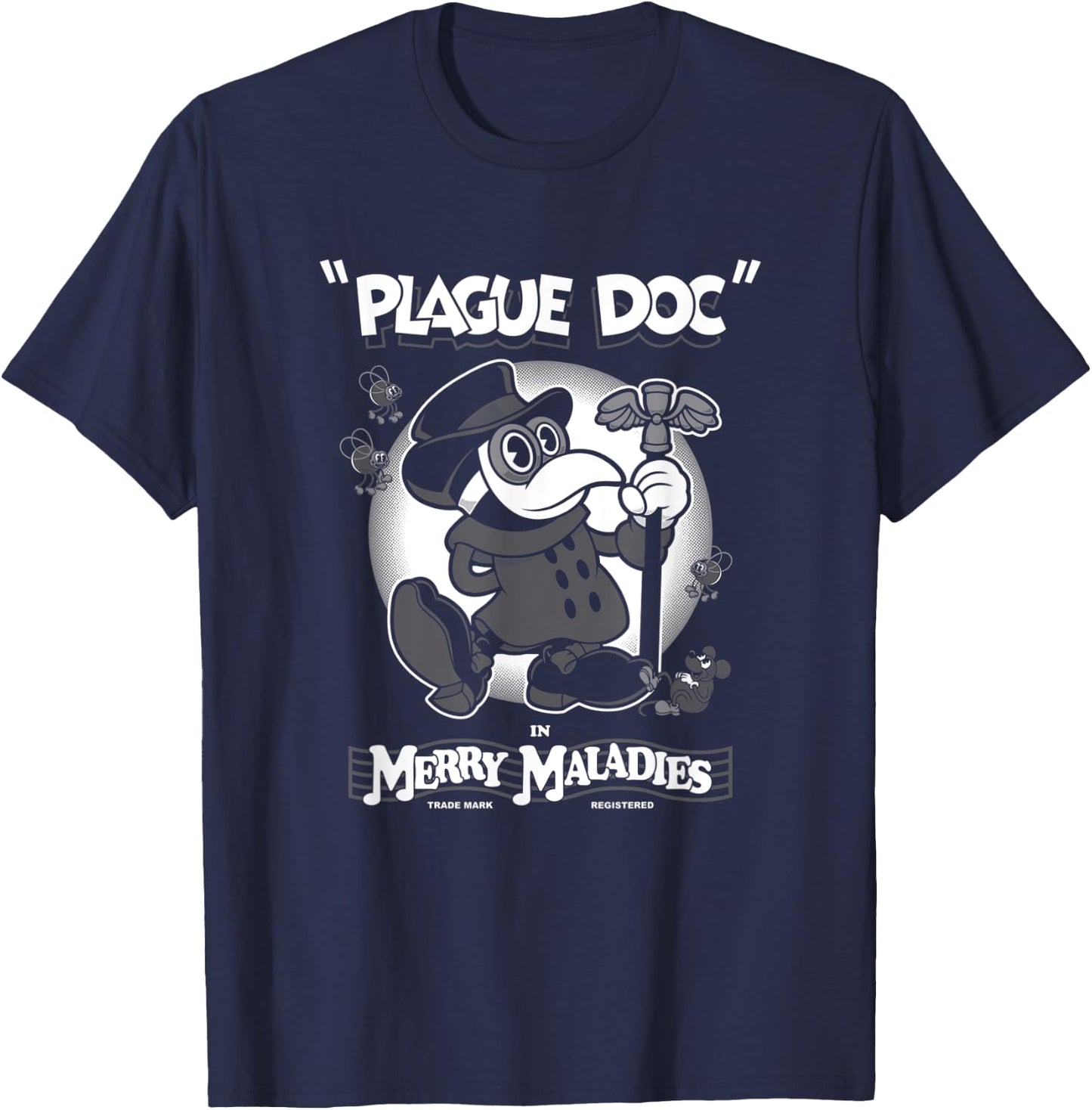 Merry Maladies - Vintage Cartoon Plague Doctor - Rubber Hose T-Shirt - T-Shirt | Navy