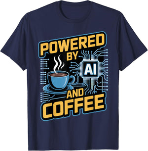 Prompt Engineer Tech Developer Geek Powered by AI and Coffee T-Shirt - T-Shirt | Navy