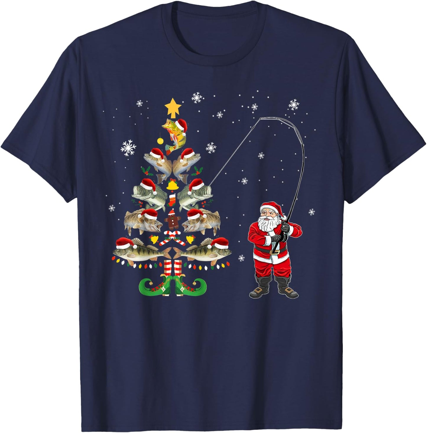 Fishermans Christmas Pajama Gift Tree Lights Merry Fishmas T-Shirt - T-Shirt | Navy