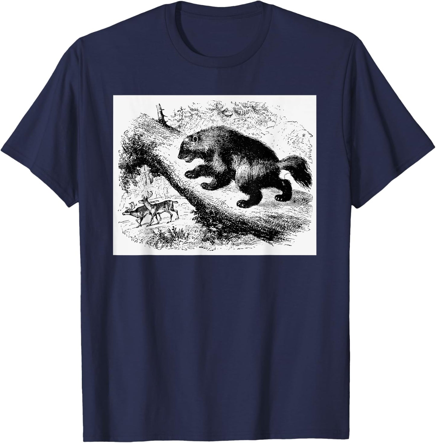 Realist Wild Wolverine Animal Illustration Hand Drawn Art T-Shirt - T-Shirt | Navy
