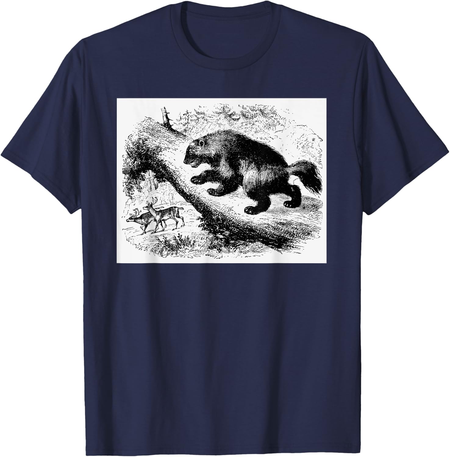 Realist Wild Wolverine Animal Illustration Hand Drawn Art T-Shirt - T-Shirt | Navy