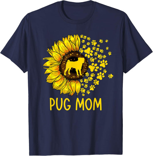 Pug Mom Sunflower Mothers Day Pug Lover T-Shirt - T-Shirt | Navy