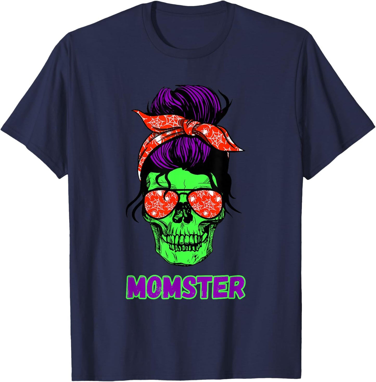 Momster Funny Skull Mama Messy Bun Mom Halloween Costume T-Shirt - T-Shirt | Navy