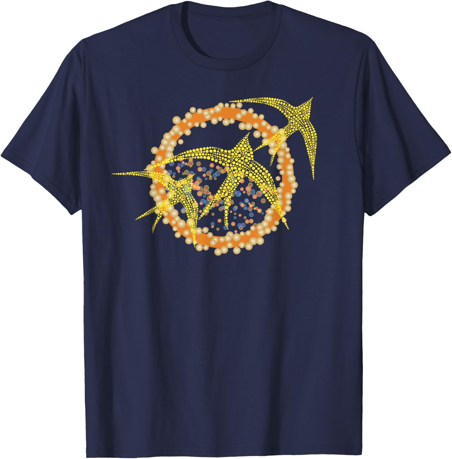 3 Birds Flying, Birding Sun Art with Orange Dots and Circles T-Shirt - T-Shirt | Navy