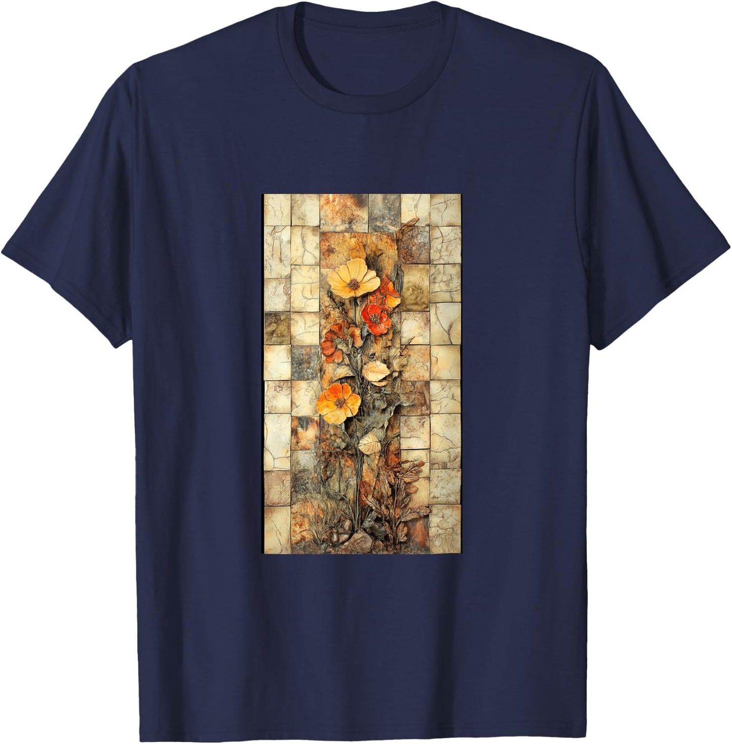 Vibrant Mosaic Tiles Floral Botanical Floral T-Shirt - T-Shirt | Navy