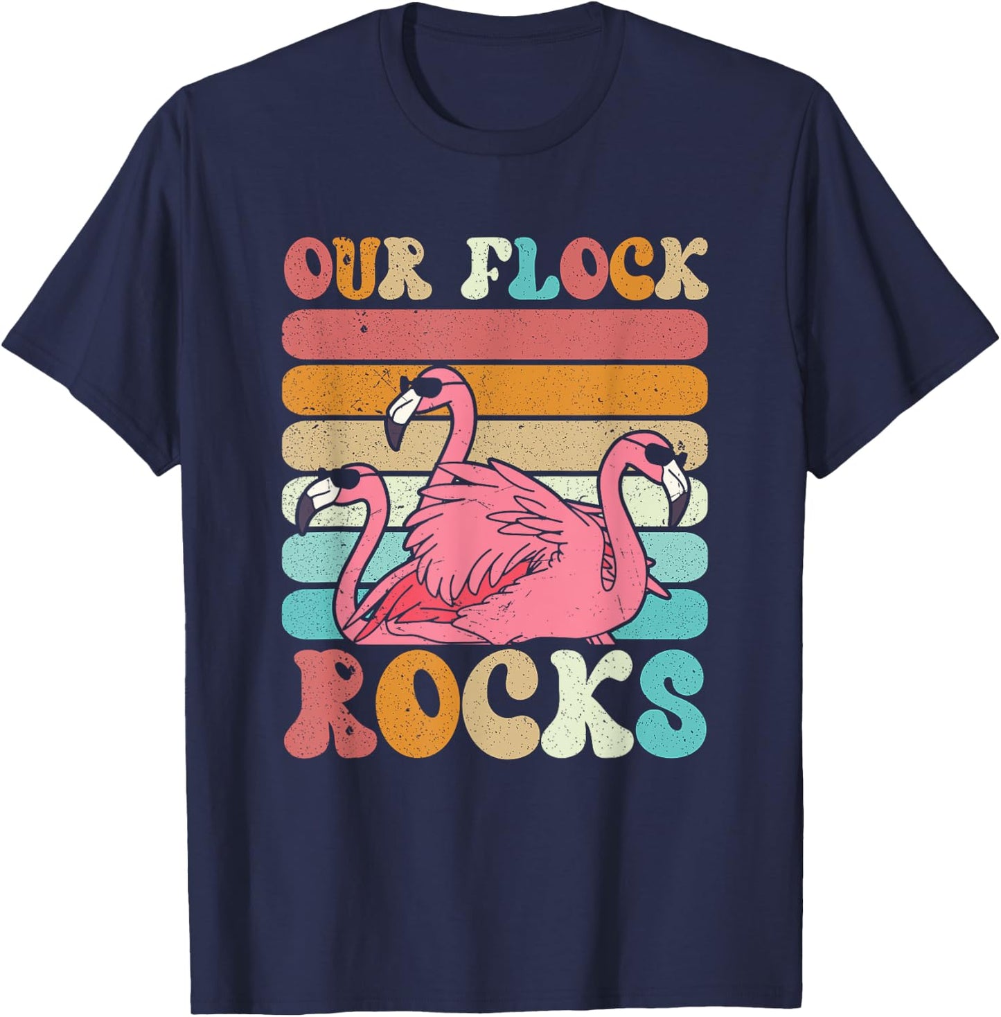 Our Flock Rocks Flamingo Matching Family Vacation T-Shirt - T-Shirt | Navy