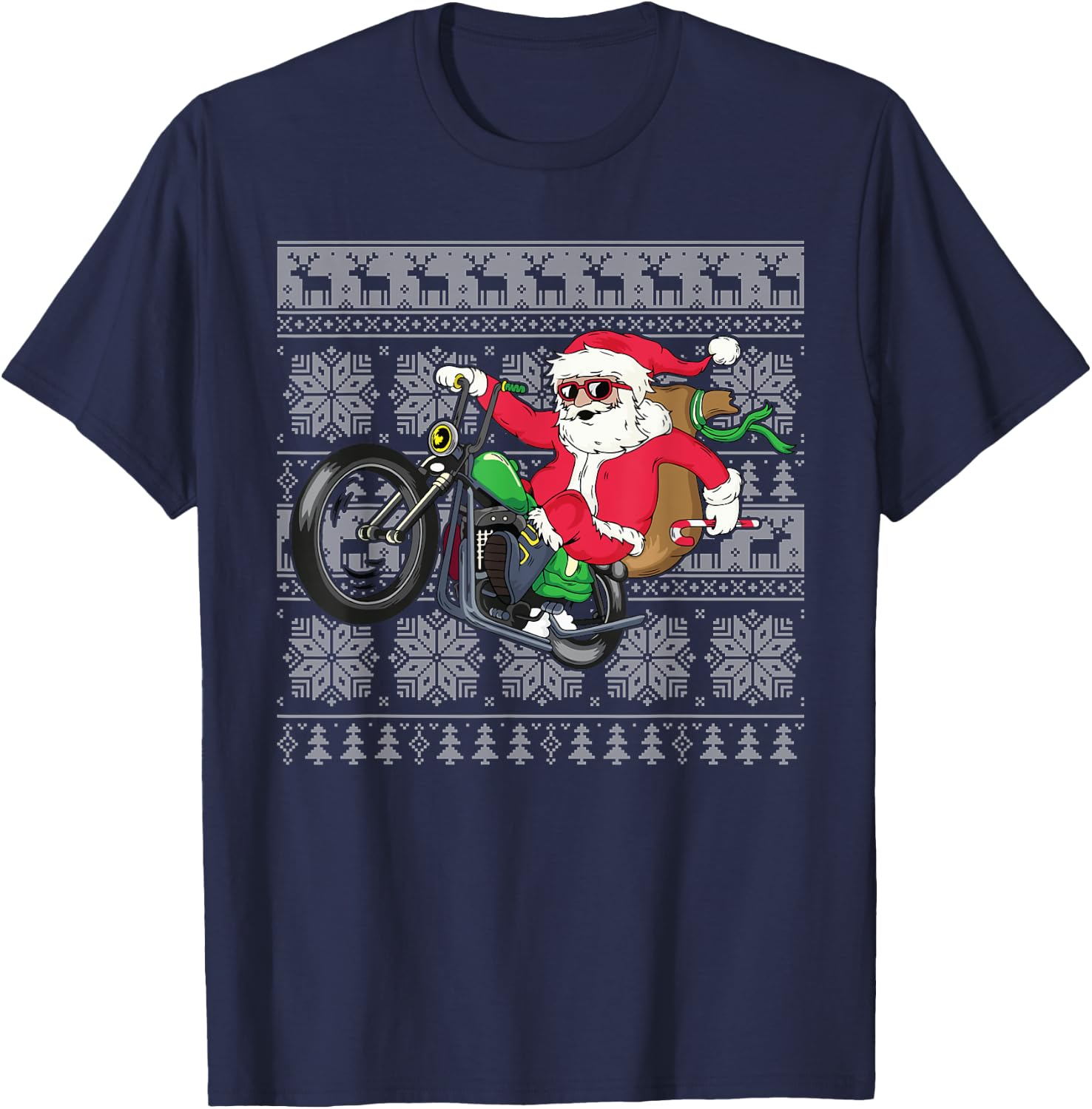 Santa on Motorcycle Ugly Christmas Sweater Xmas Gifts Men T-Shirt - T-Shirt | Navy