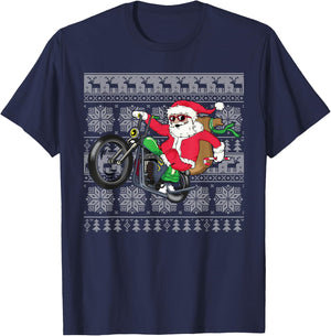 Santa on Motorcycle Ugly Christmas Sweater Xmas Gifts Men T-Shirt - T-Shirt | Navy