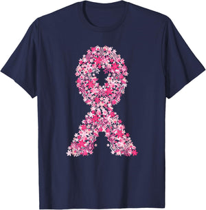 Floral Pink Ribbon Breast Cancer Awareness Shirts T-Shirt - T-Shirt | Navy