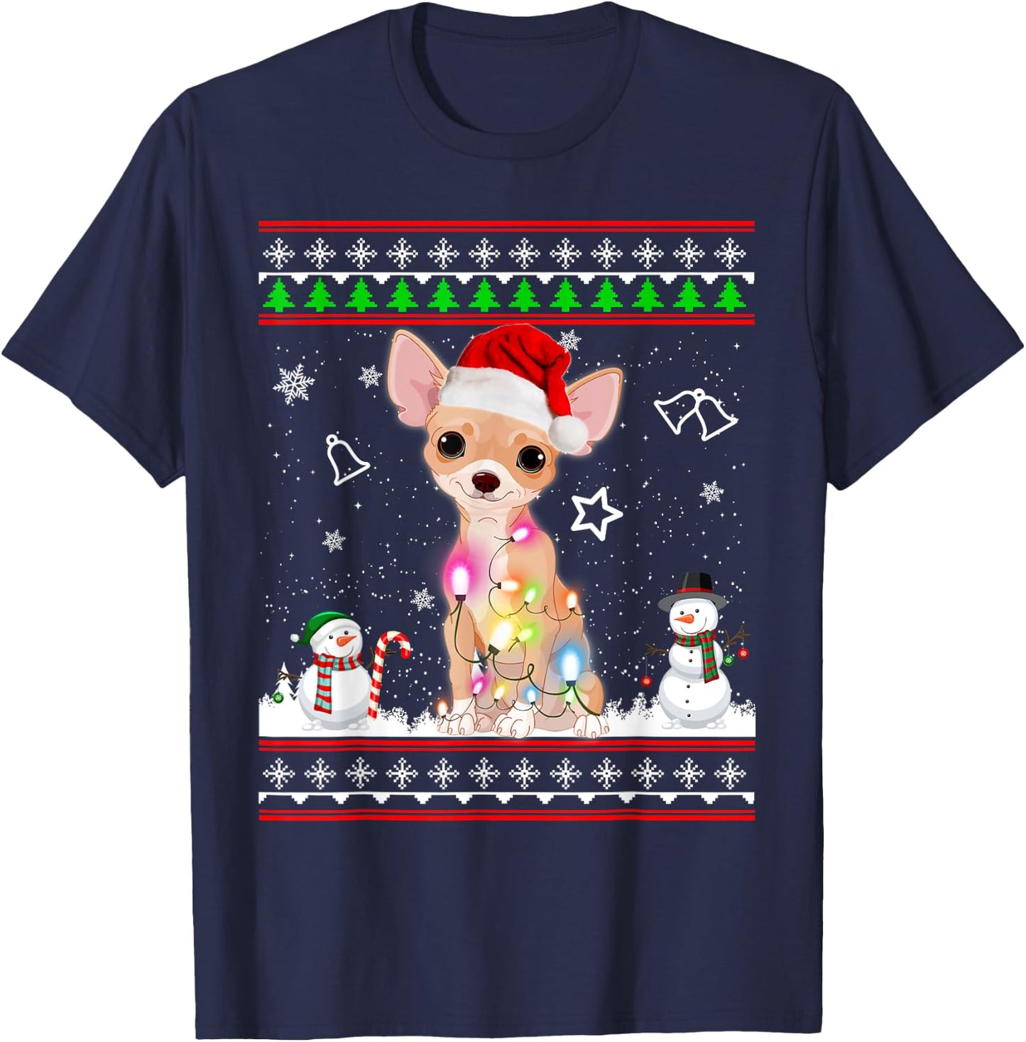 Chihuahua Christmas Dog Light Ugly Sweater Short Sleeve T-Shirt - T-Shirt | Navy