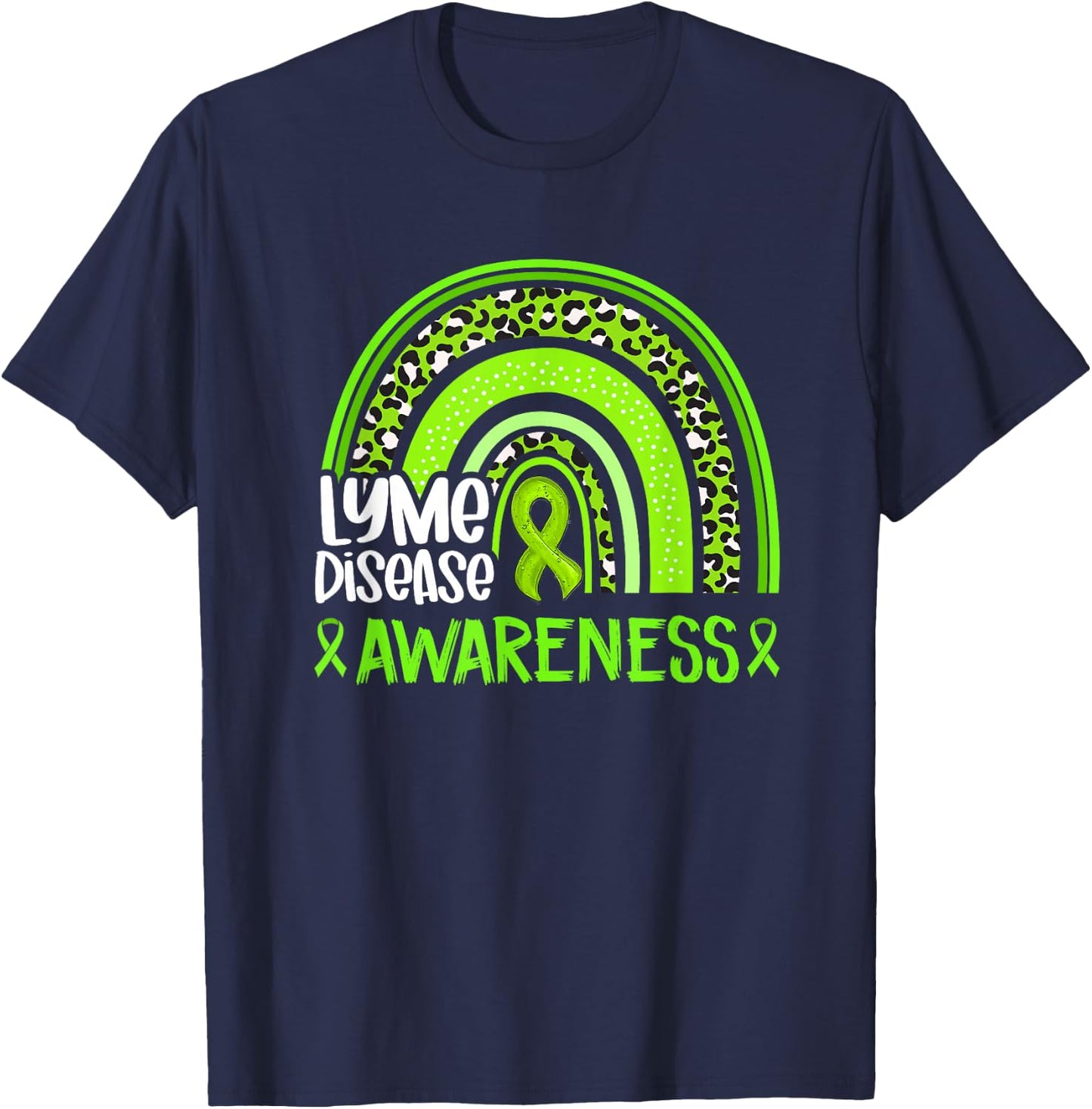 Leopard Rainbow Lime Green Ribbon Lyme Disease Awareness T-Shirt - T-Shirt | Navy